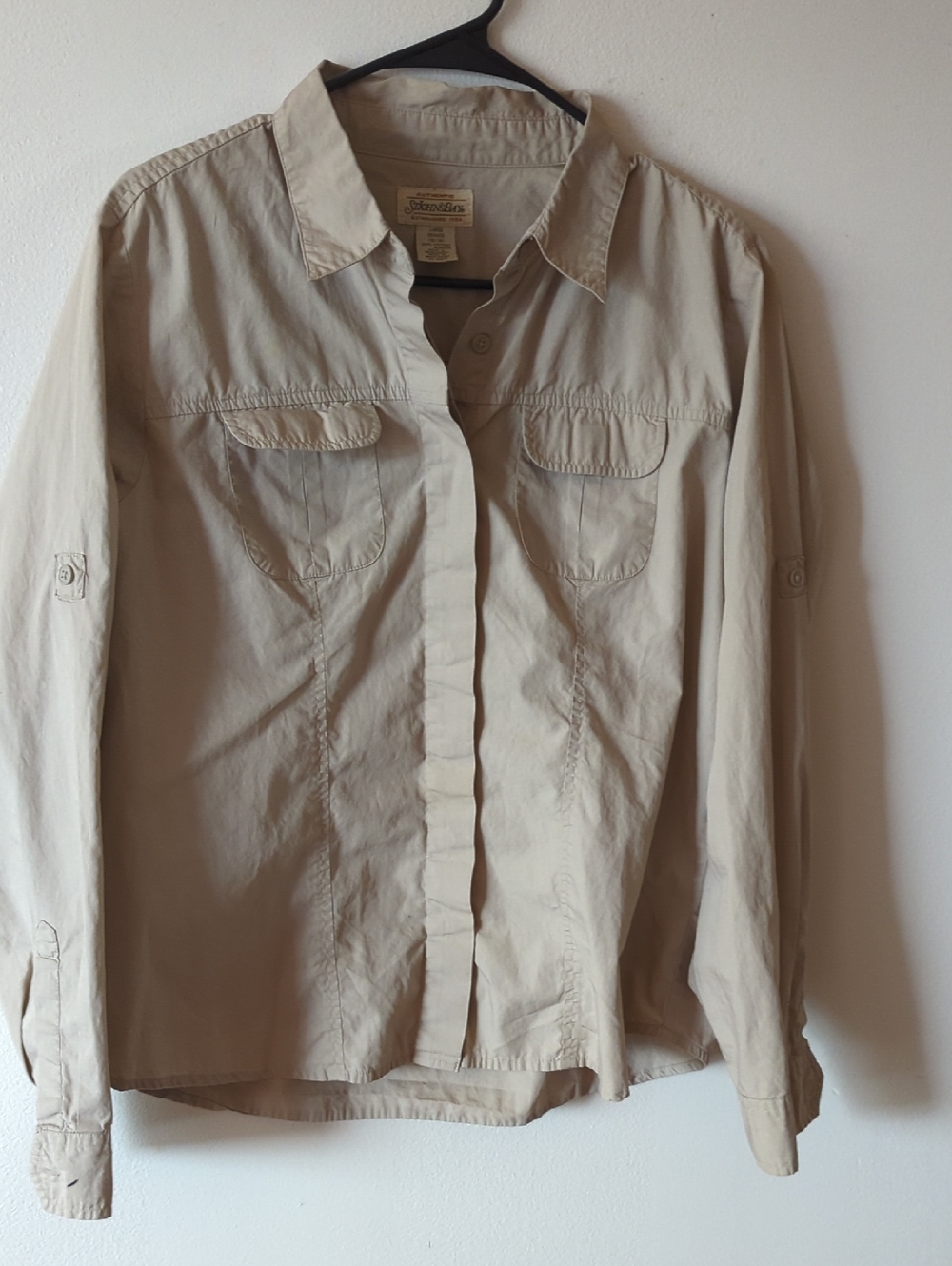 St. John's Bay Khaki Button-Front Utility Shirt Women's With Front Pockets Large